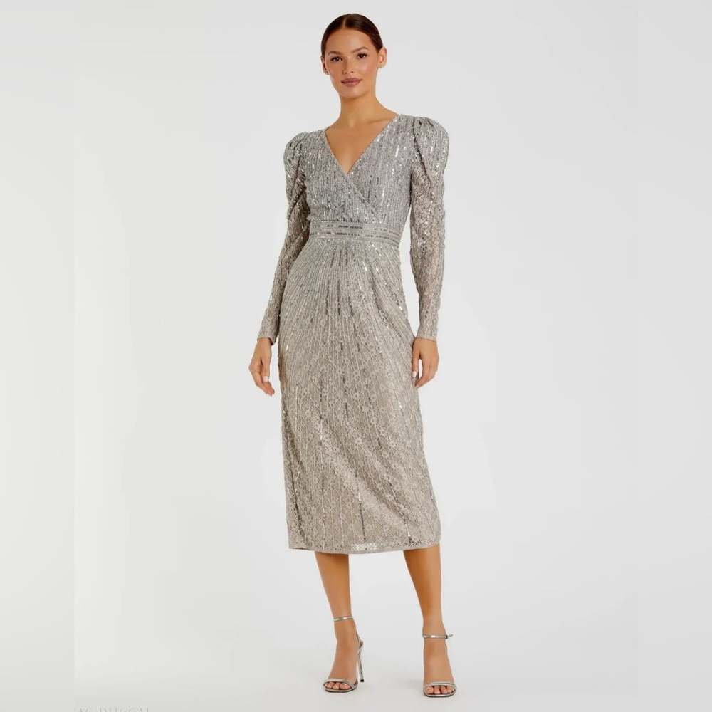 MAC DUGGAL - Taupe Beaded Lace Long Sleeve Midi Dress - NEW